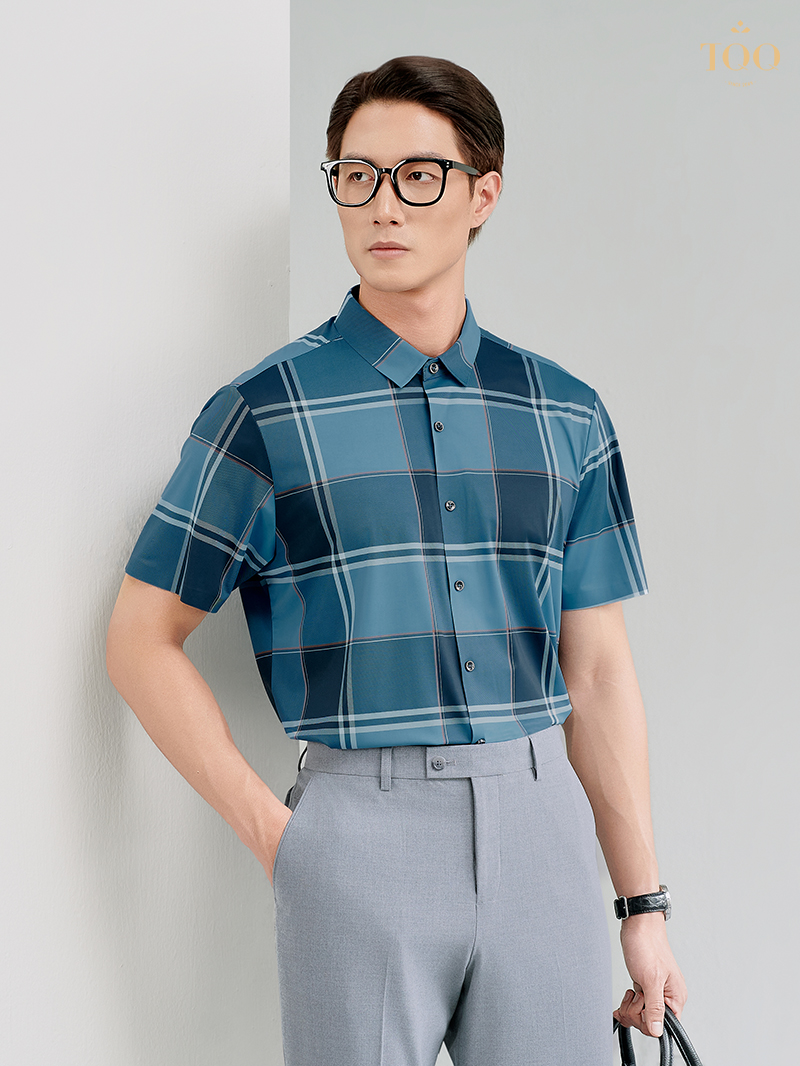 Áo sơ mi ngắn tay họa tiết kẻ SMK02C